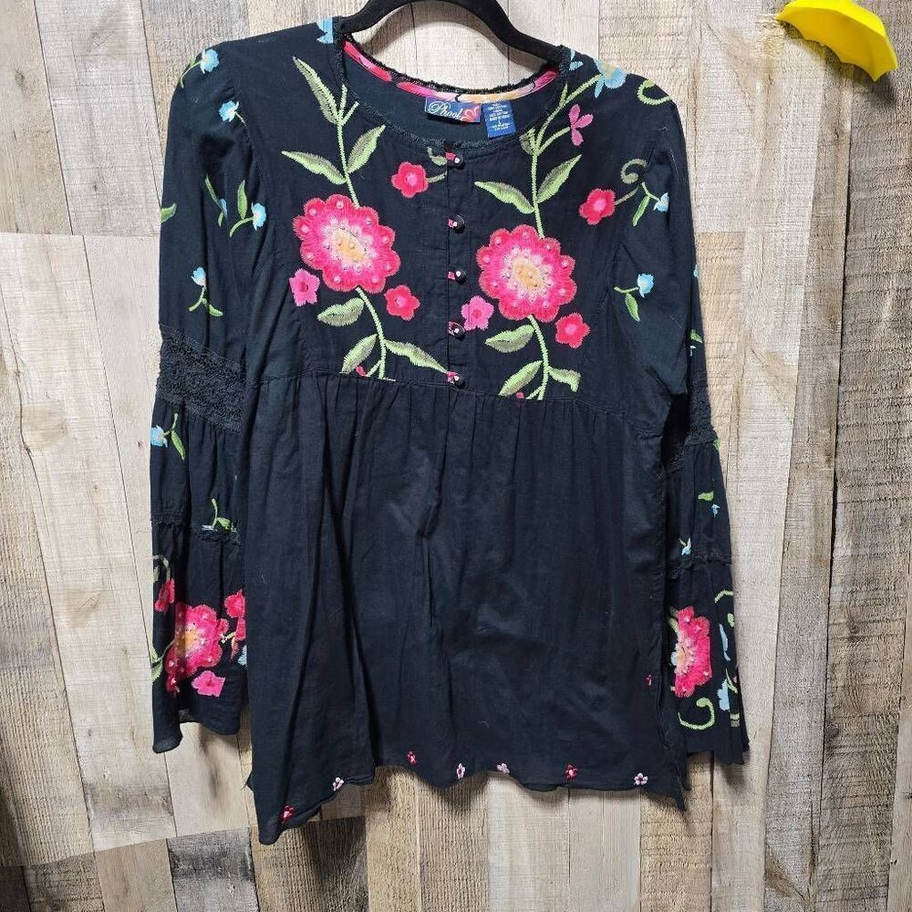Phool Black Floral Bell Sleeve Boho Hippie Femme Fairycore Spring Blouse